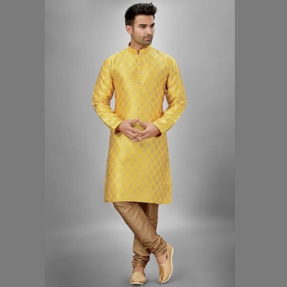 Brocade Silk Kurta Pyjama Set - Yellow - Picture 1 of 1
